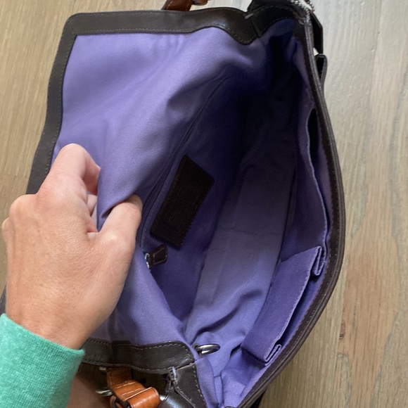 Brown leather Chelsea handbag with light purple stitching and purple interior. - Picture 6 of 6